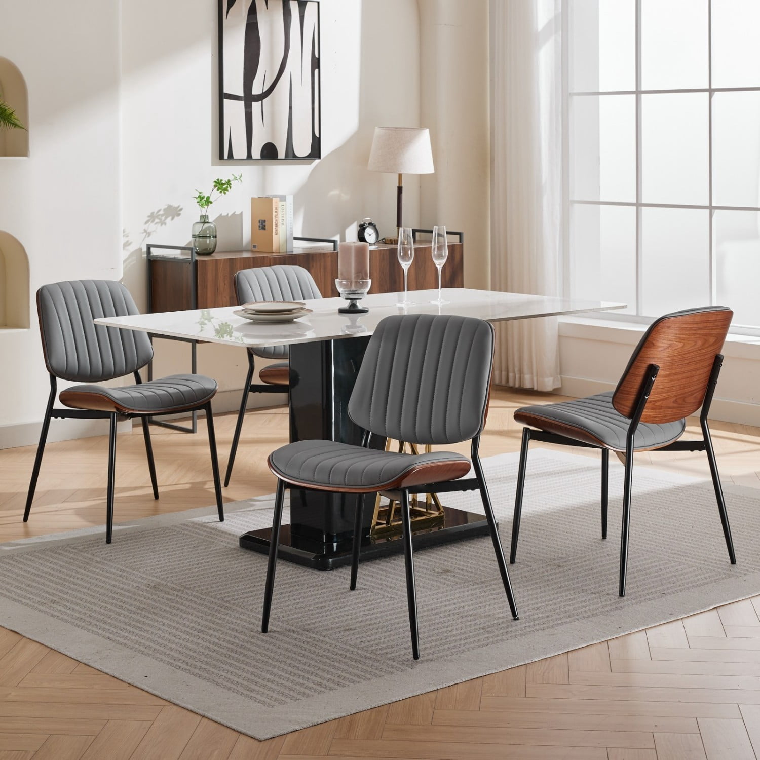Dining Chairs Set of 2 Mid Century Modern Retro Faux Leather Chairs with Walnut Bentwood Back Upholstered Seat Metal Legs Adjustable Foot Pads Kitchen Dining Room Chairs, Gray