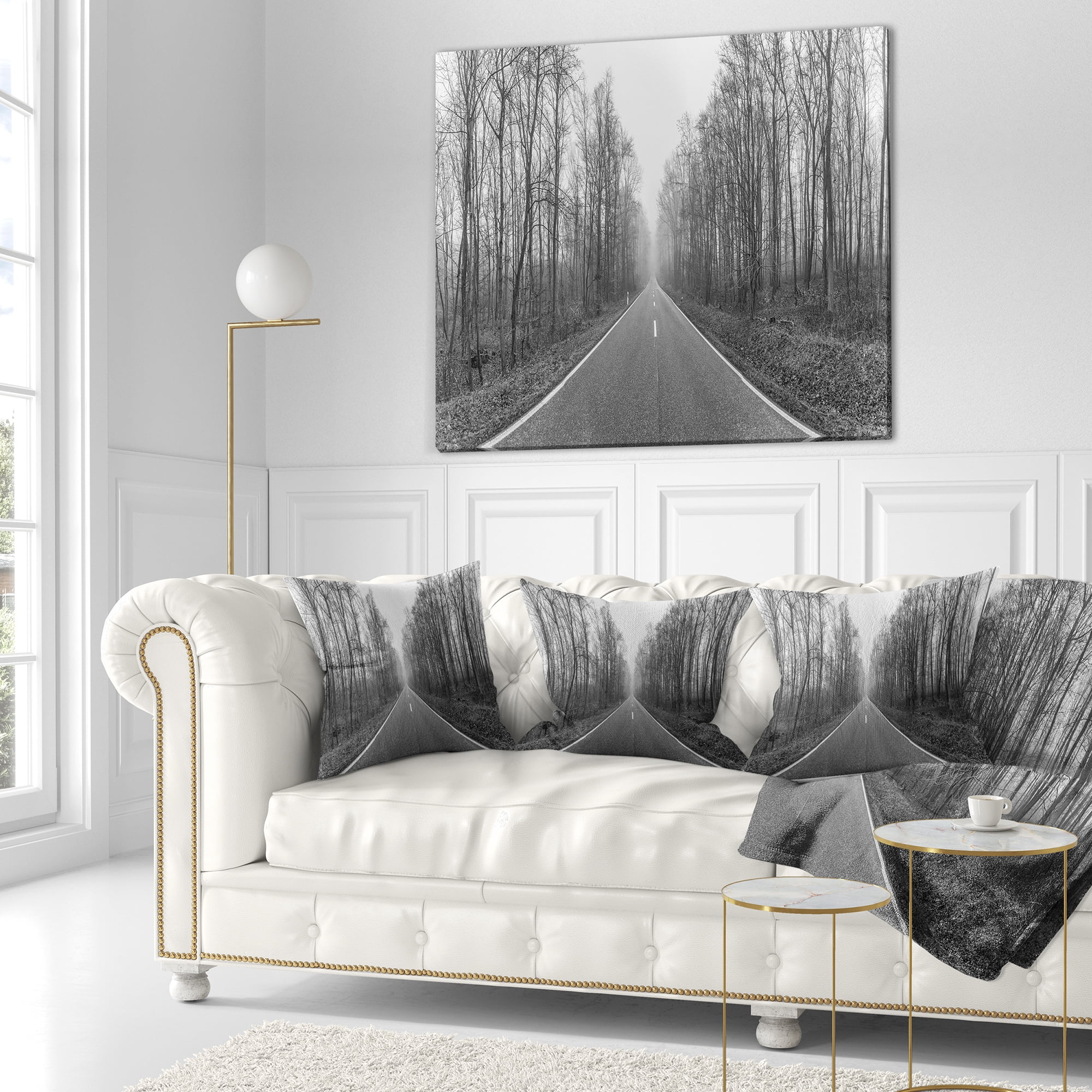 Designart Black and White Freeway in Forest - Landscape Printed Throw Pillow - 18x18
