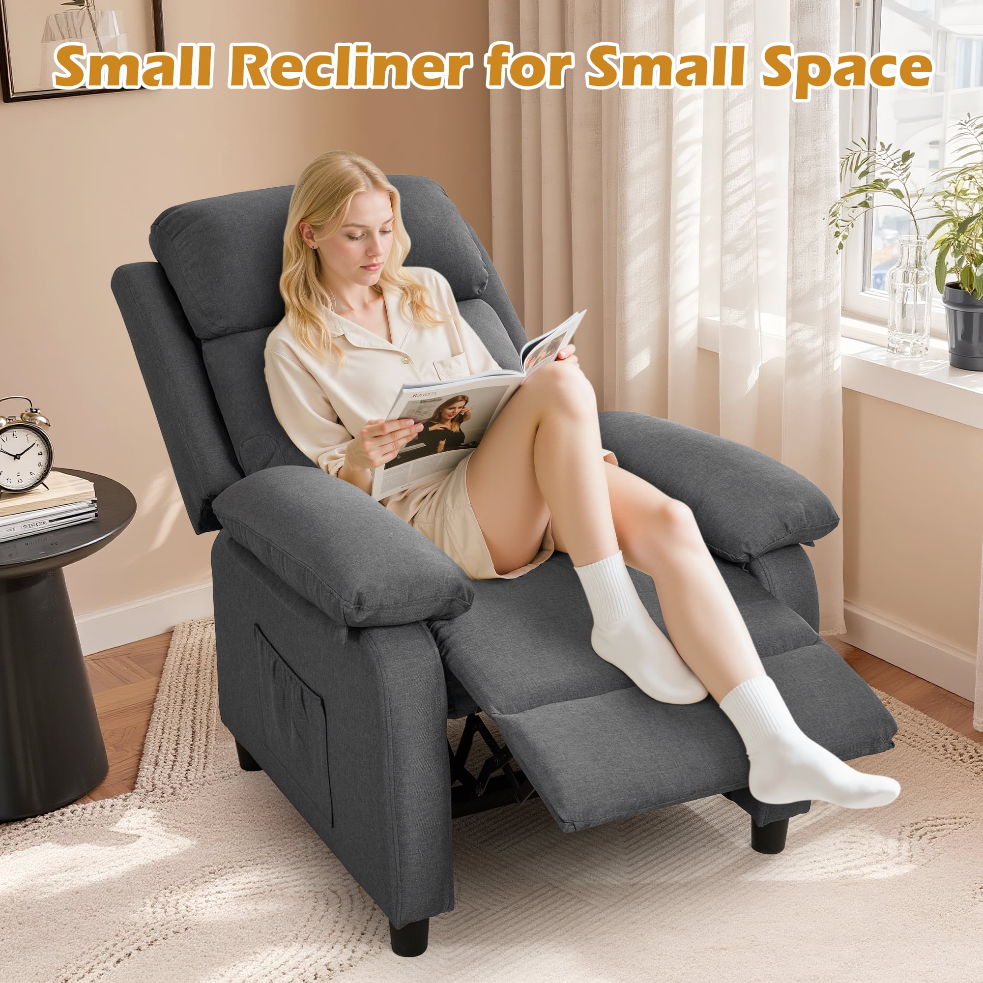 Korser Manual Push Back Recliner Chair with Side Pockets,Recliner Chairs for Adults for Living Room,Small Recliners for Small Spaces,Linen,Dark Grey