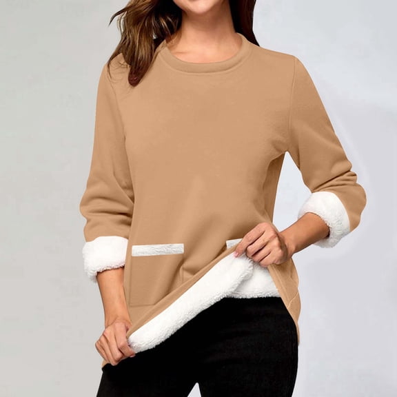 Women's Long Sleeve Round Neck Pocket Solid Color Pullover Sweatshirt With Thick Warm Shirt Winter Top Distressed Sweatshirt Jacket Athletic Jacket Full Zip Ladies Sweat Outfits Hoodies Women Zipper