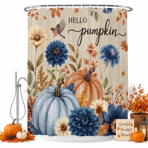 Shower Curtains for Bathroom-36"x72",Thanksgiving Hello Pumpkin Flower Waterproof Bath Curtain Grommet Shower Curtain Set with Hooks,