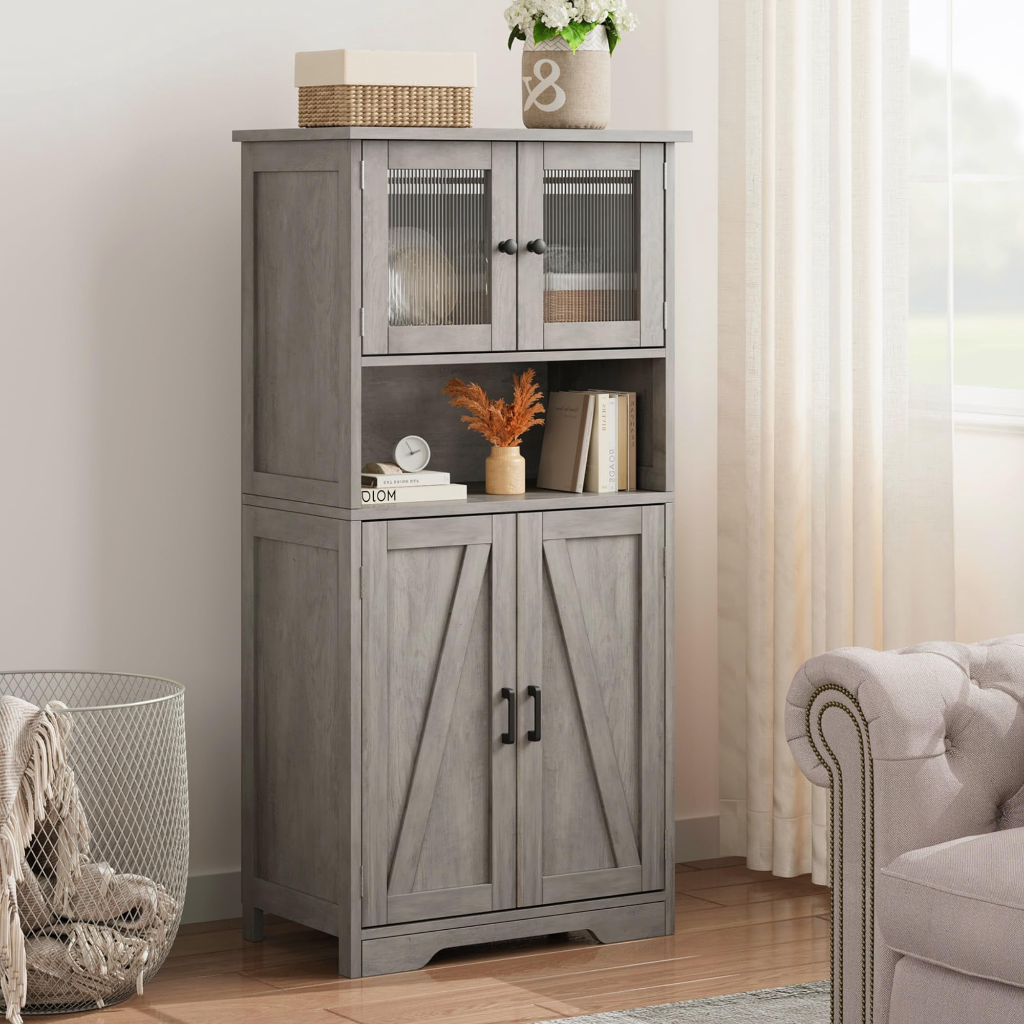 50" Tall Bathroom Cabinet, Freestanding Bathroom Storage Cabinet with 4 Doors and Adjustable Shelves, Cupboard Modern Storage Cabinet for Kitchen, Pantry, Living Room, Rustic Gray
