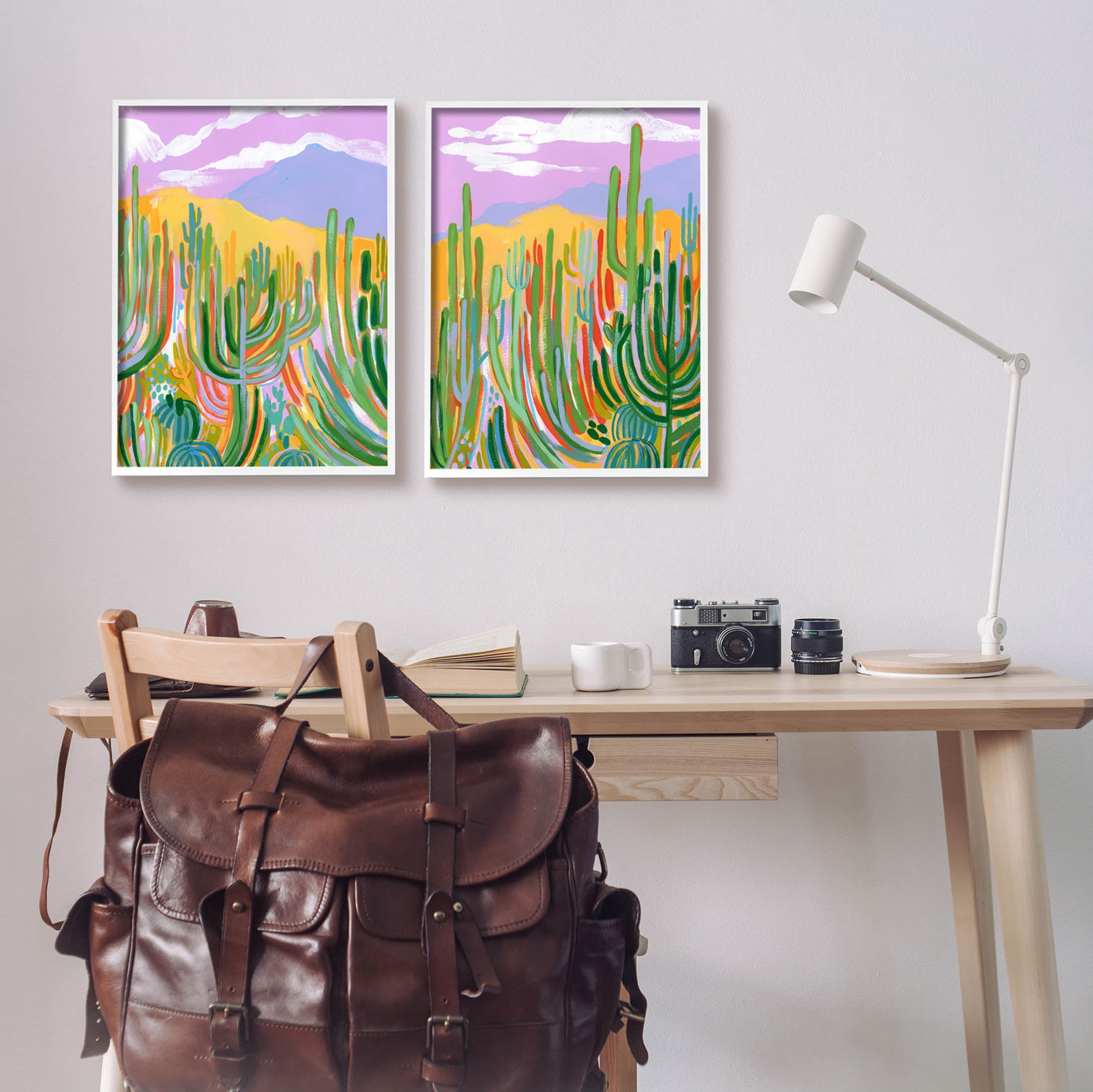 Stupell Industries Contemporary Cactus Desert Sky Painting White Framed Art Print Wall Art, Set of 2, Design by Laura Marr