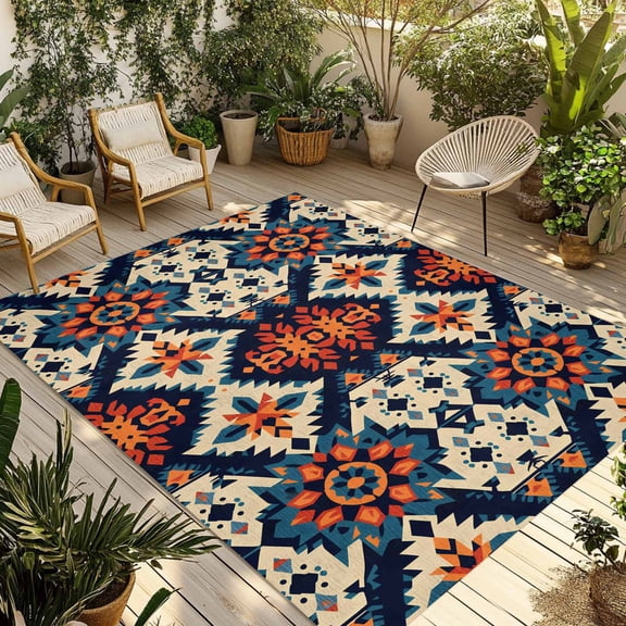 Fsddascl Orange Blue Boho Outdoor Rug for Patio/Deck/Porch, Non-Slip Large Area Rug 6 x 9 Ft, Colorful Abstract Ethnic Aesthetic Indoor Outdoor Rugs Washable Area Rugs, Reversible Camping Rug Carpet