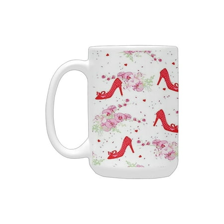 

Girly Decor Collection Fashion Heels Precious Lady Shoes Pattern and Orchid Flower Bouquet Petals He Ceramic Mug (15 OZ) (Made In USA)