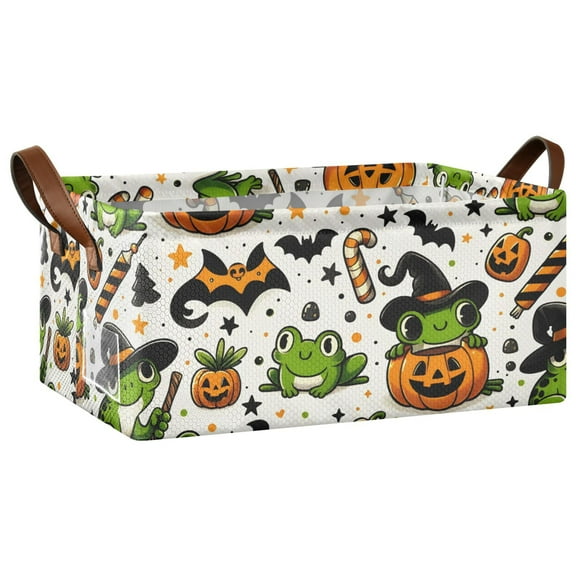 Collapsible Storage Bins Fabric Shelf Baskets with Handles 16.9"x11.4"x7.7" Closet Organizer Halloween Frogs Pumpkin Candy