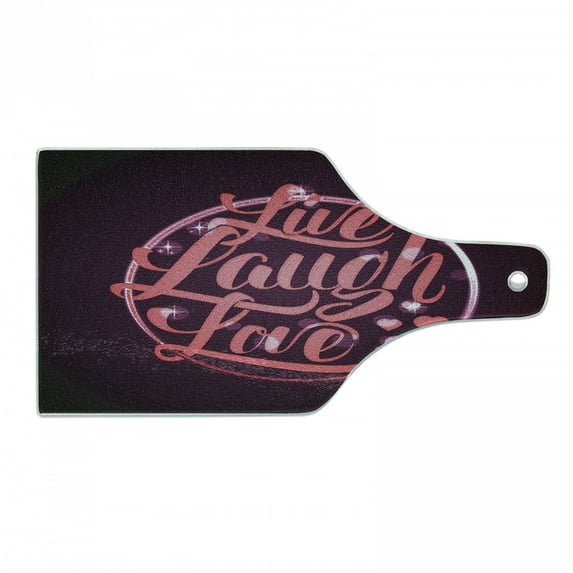 Live Laugh Love Cutting Board, Vibrant Romantic Vintage Stamp Inspired Circle Popular Saying Print, Tempered Glass Cutting and Serving Board, Wine Bottle Shape, Coral Plum White, by Ambesonne