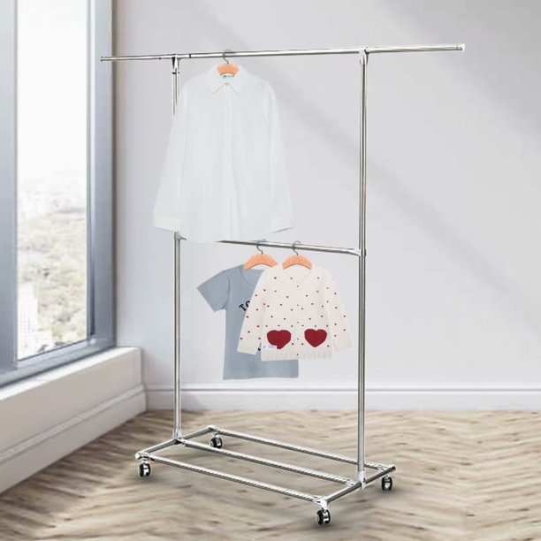 Bigroof Adjustable Rolling 2Tier Garment Rack Chrome for Bedroom