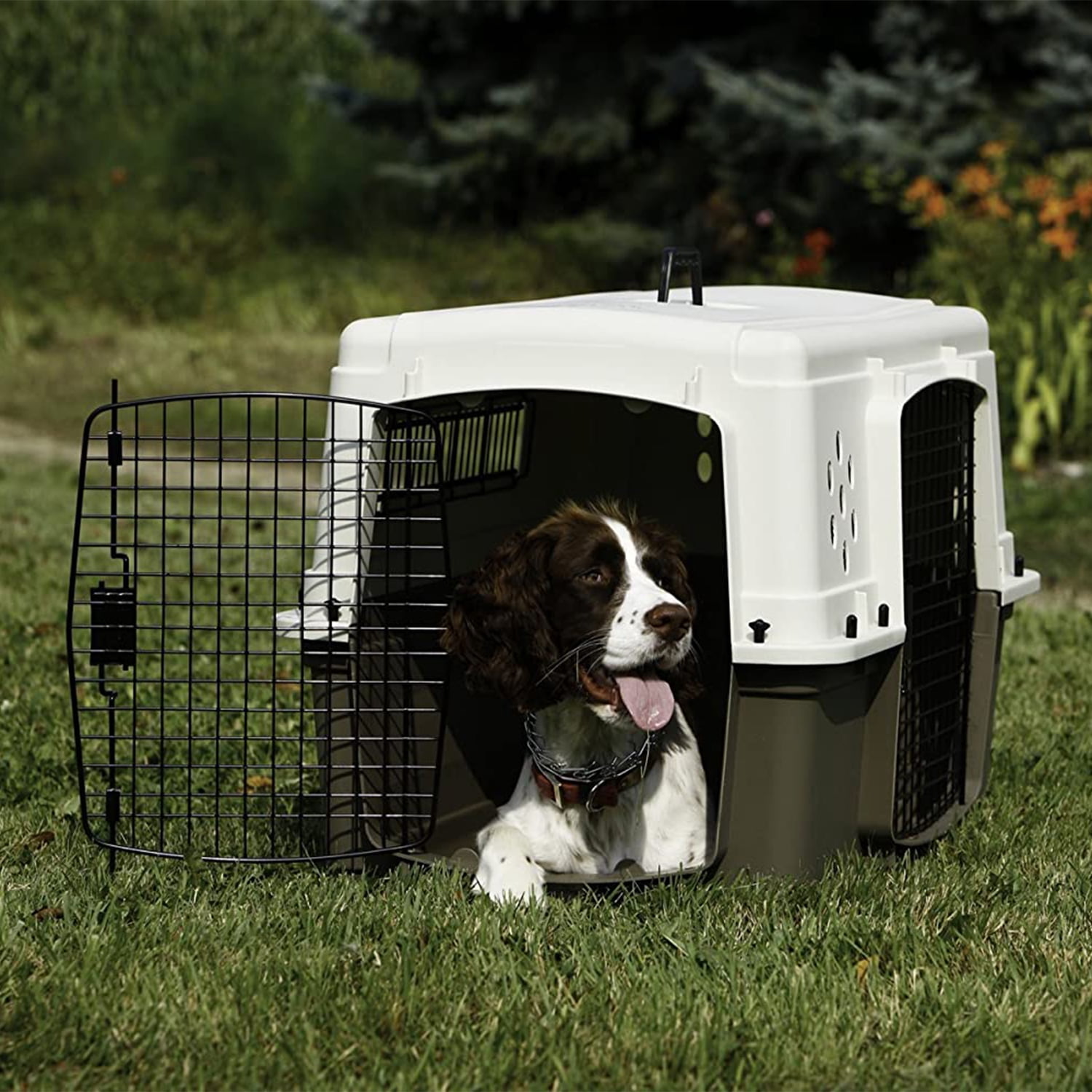 Miller Manufacturing Company Portable Plastic Hard Sided Pet Travel Crate Carrier Kennel w/ Double Doors For Dogs, Rabbits, & Animals, Beige & Taupe