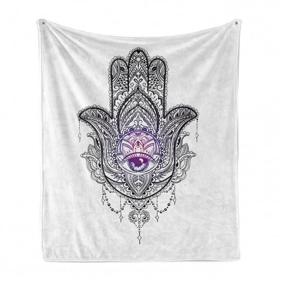 Evil Eye Soft Flannel Fleece Throw Blanket, Artwork Curvy Floral Details Eastern Ornaments, Cozy Plush for Indoor and Outdoor Use, 70" x 90", Purple White and Black, by Ambesonne