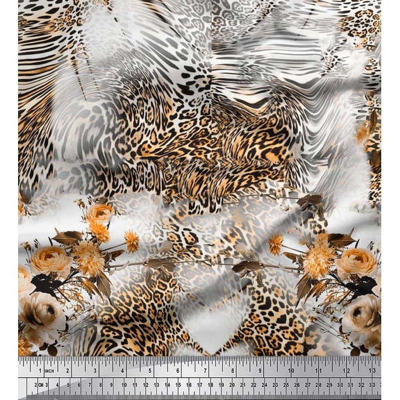 Soimoi Orange Georgette Viscose Fabric Rose,Floral & Leopard Animal Skin Printed Craft Fabric by The Yard 42 Inch Wide