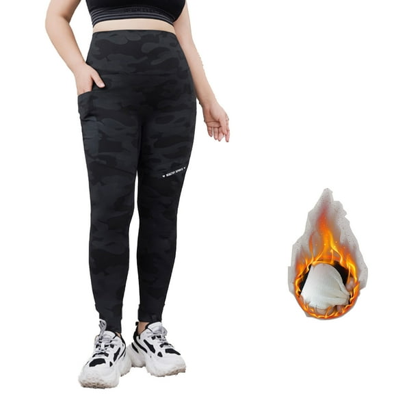 CFLVAEK Plus Size Women's Thick Fleece Lined Leggings with Pockets Thermal Winter Camo Yoga Pants Comfort Stretch High Waist Tummy Control Workout Leggings Black L