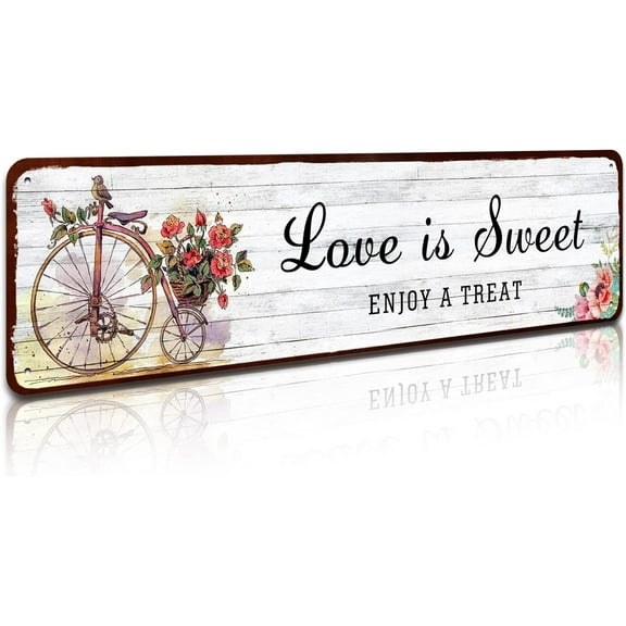 Retro Tin Sign - Love is Sweet Enjoy a Treat, Kitchen Decor Summer Decor Funny Wall Decor for Home Cafes Office Store Pubs Club Tin Plaque 4" by 16"