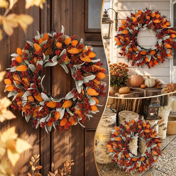 Halloween Sale Clearance!Fall Decorations for Home, Autumning Wreath Pumpkin Berry Door Hanger Harvests Vines Ring Artificial Maple Leaf Wreath For Thanksgiving