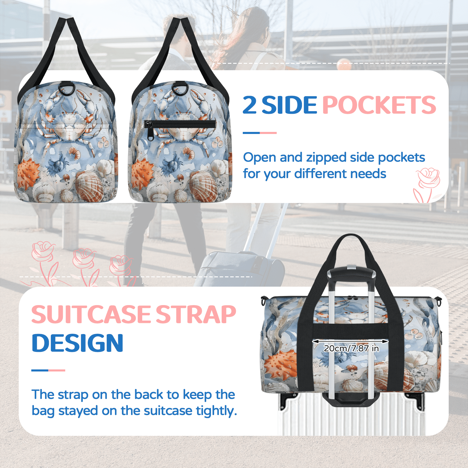 Herdesigns Nautical Coastal Crab Starfish Seashell Gym Bag for Women, Duffle Bag for Travel Sport, Lightweight Waterproof Carry on Weekender Overnight Dance Yoga Workout Bags