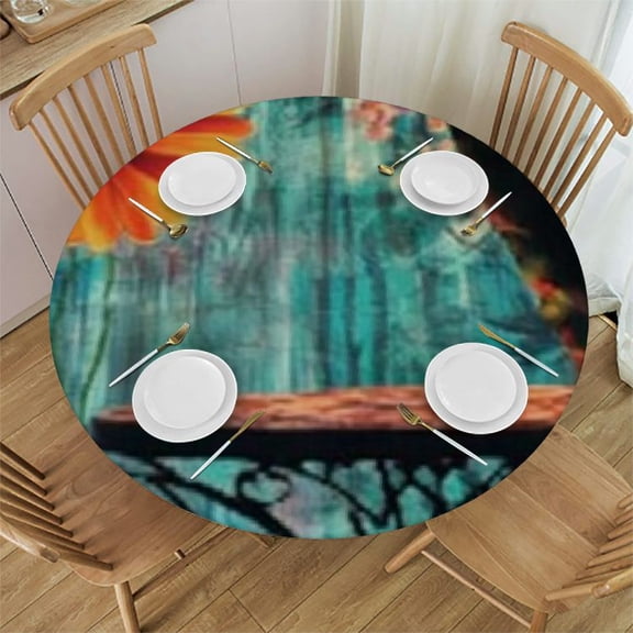 Orange Wooden Daisy Fitted Round Tablecloth , Elastic Edge Table Cover, Farmhouse Rustic Wooden Fabric