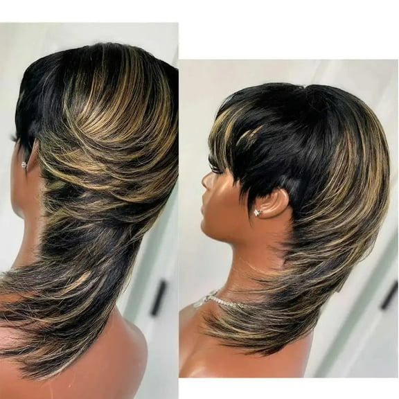 Short Pixie Cut Wigs, Wear And Go - Dovetail Straight Highlight Blonde Remy Human Hair Mullet Wigs