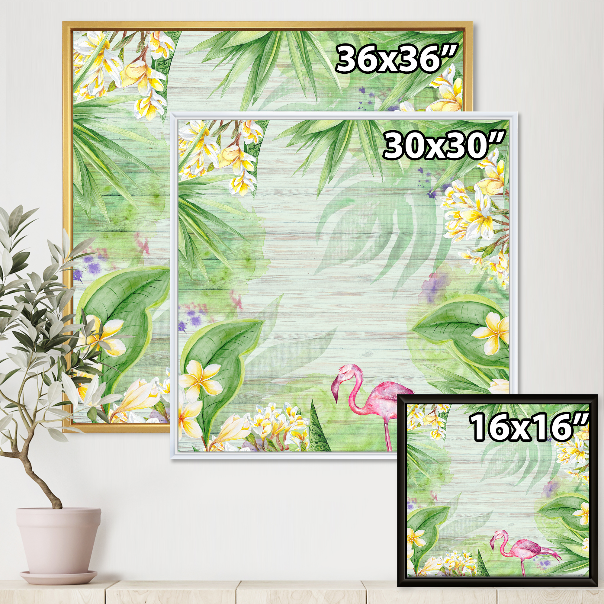 Designart 'Yellow Flowers, Tropical Foliage With Flamingo I' Modern Framed Canvas Wall Art Print