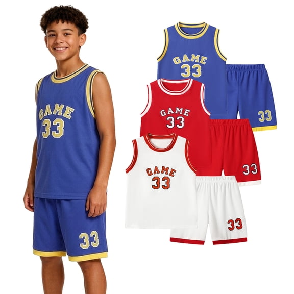 Fdqin Boys Shorts Set Letters Printed Basketball Jersey Lightweight Sleeveless Tank Top and Track Shorts Summer Outfits White Red Blue 11-12 Years