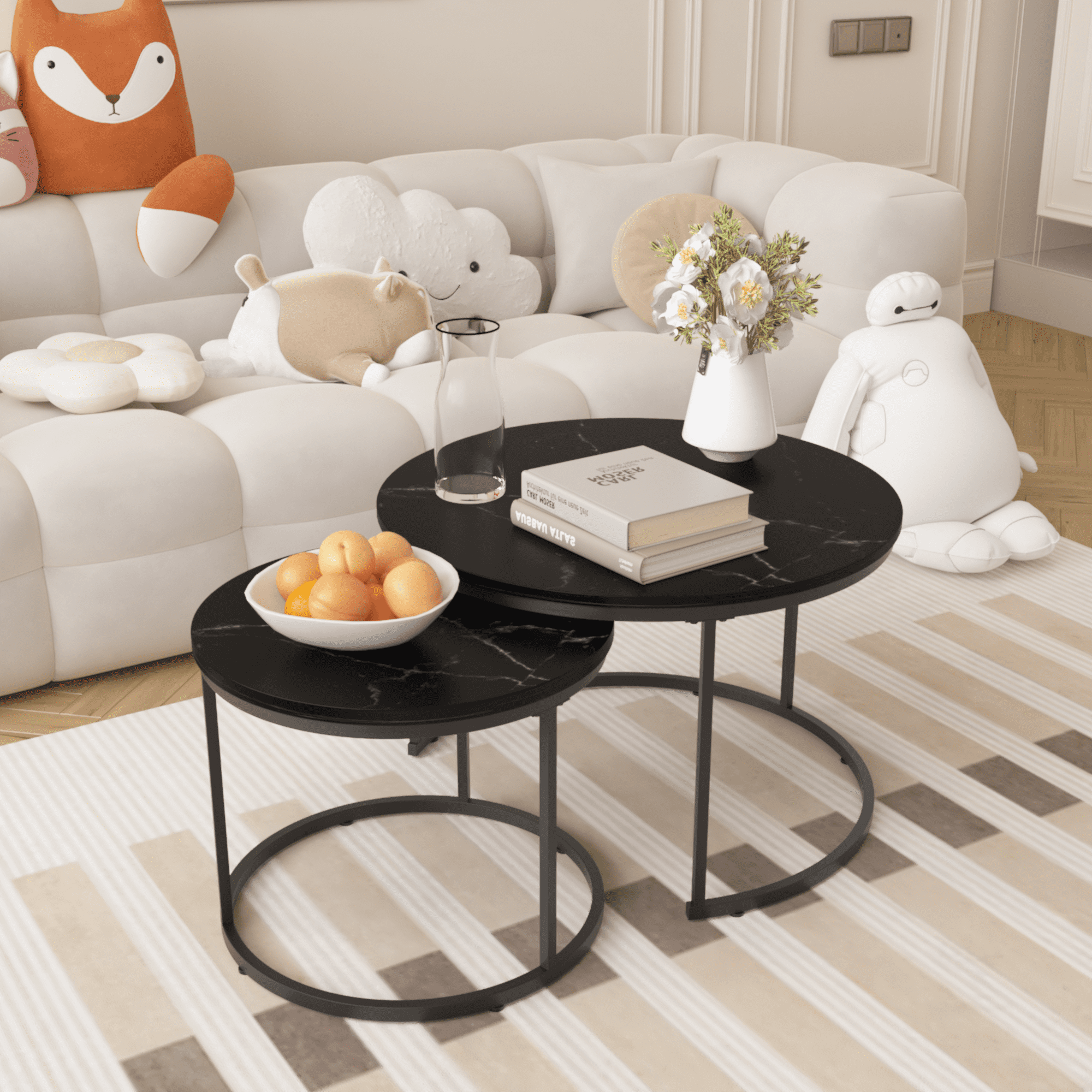 27.6" Nesting Coffee Table Set of 2, Round Coffee Table Wood Marble Pattern Top with Sturdy Metal Frame, End Table Side Tables for Living Room Bedroom Balcony Yard (Black)