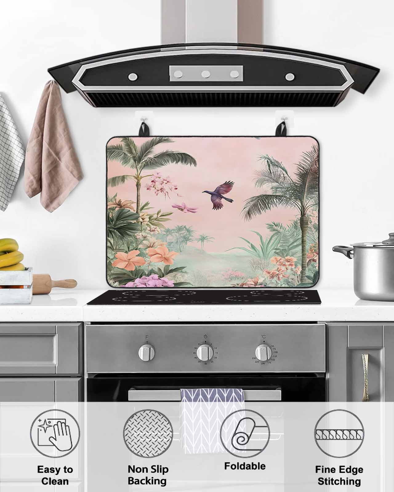 nqOlkjepod Large Induction Cooktop Protector Mat 36"x21", Vintage Pastoral Stove Top Covers for Electric Stove, Farmhouse Botanical Tree Birds Pink Green Stove Burner Cover Mats Stove Cover