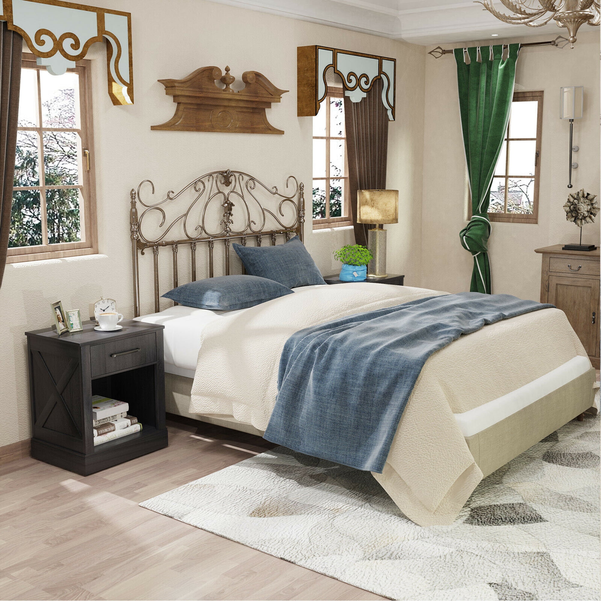 Gymax Nightstand with Drawer and Shelf Rustic Wooden Bedside Table Bedroom Black