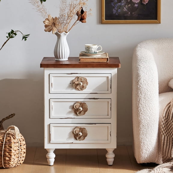 Vintage Farmhouse End Table With Floral Knobs - 19 Inch Rustic Nightstand With 3 Drawers For Bedside Or Sofa Accent