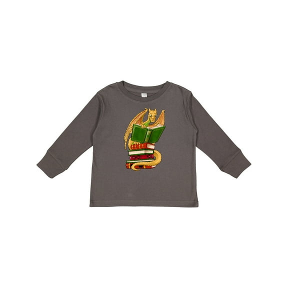 Inktastic Well-Read Cute Gold Dragon Reading Books Boys or Girls Long Sleeve Toddler T-Shirt