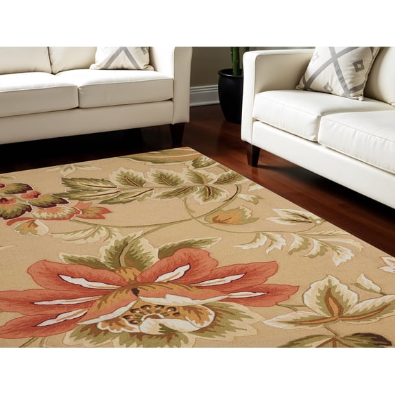8' X 11' Beige and Red Floral Area Rug