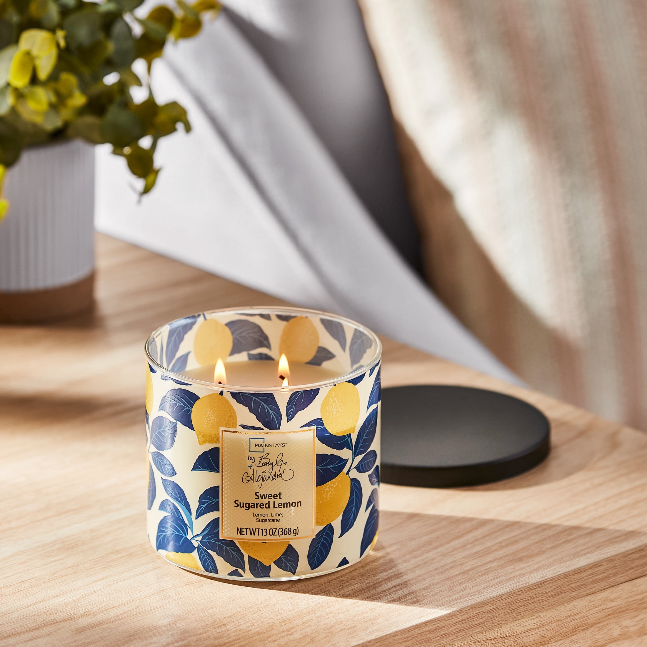 Mainstays by Becky G. & Alejandra 3-Wick Sweet Sugared Lemon Candle, Lemon & Blue, 13 oz