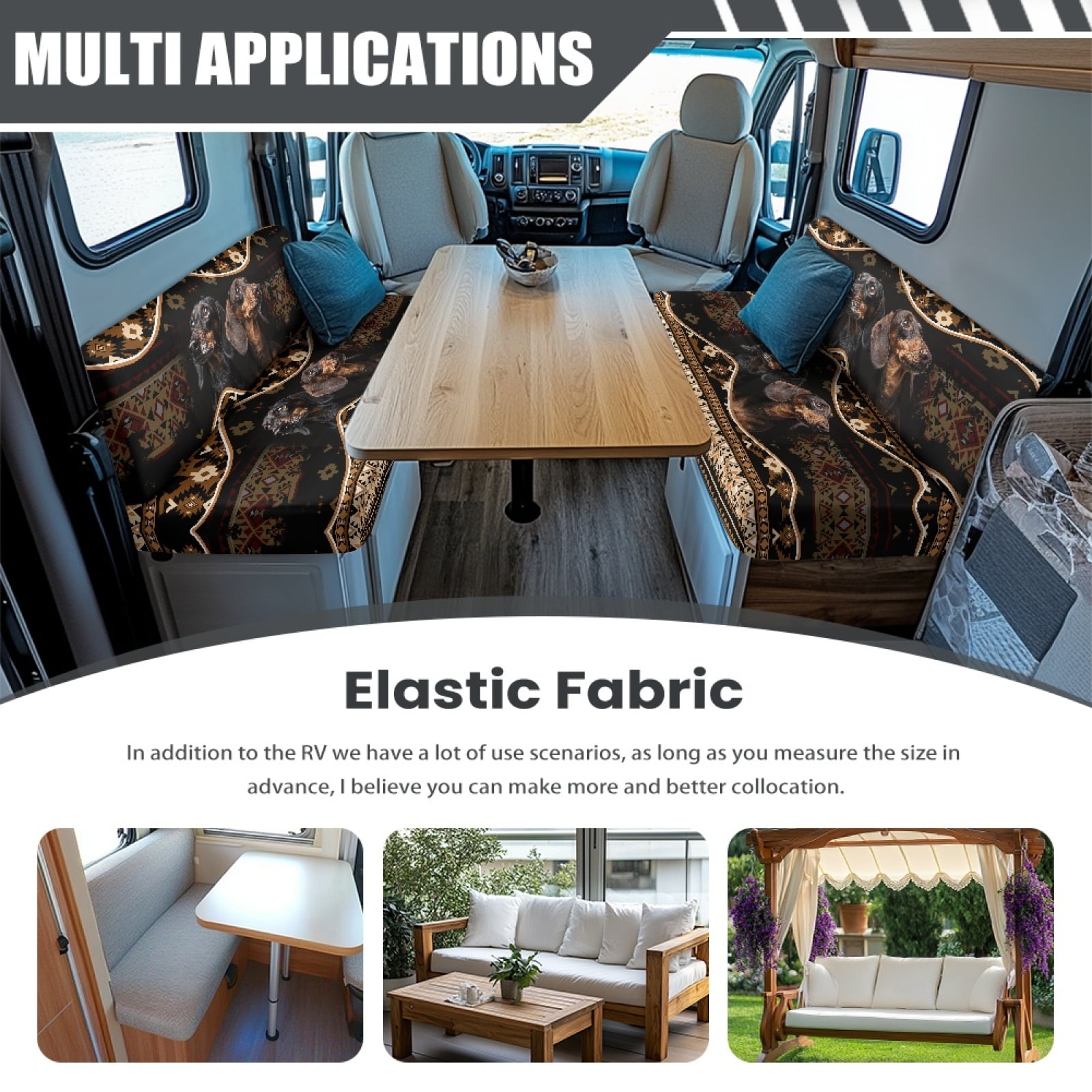 Kuiaobaty RV Dinette Cushions Covers Camper Cushion Slipcovers with 1 Backrest Cover & 1 Bench Cove for RV Sofa Slipcovers Accessories, American Tribal Dachshund Dog Pattern