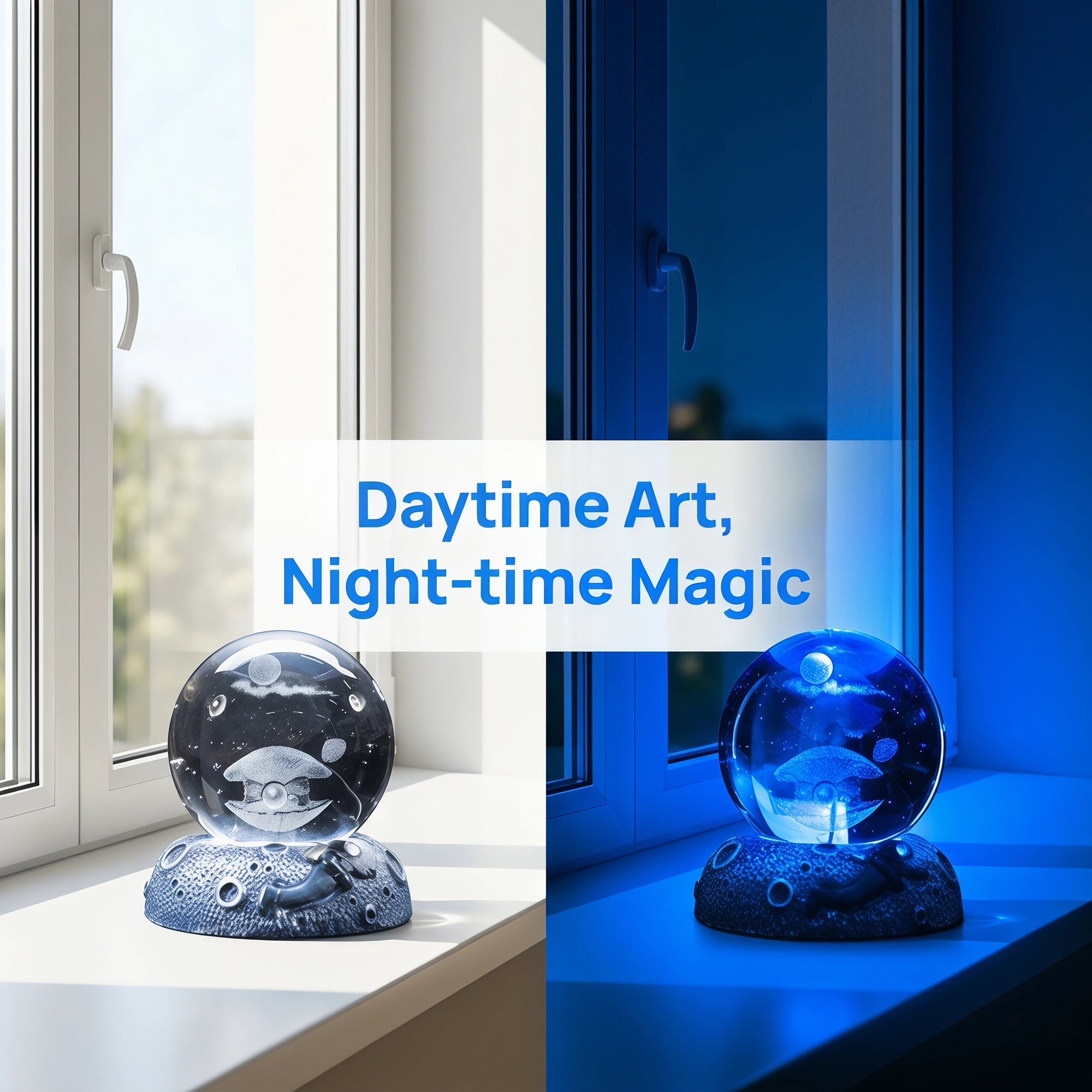 Unique Bargains Glowing Crystal Ball Figurine 3D Glass Ornament with LED Light Base Blue Style F 2.4"x2.4"x3.1"