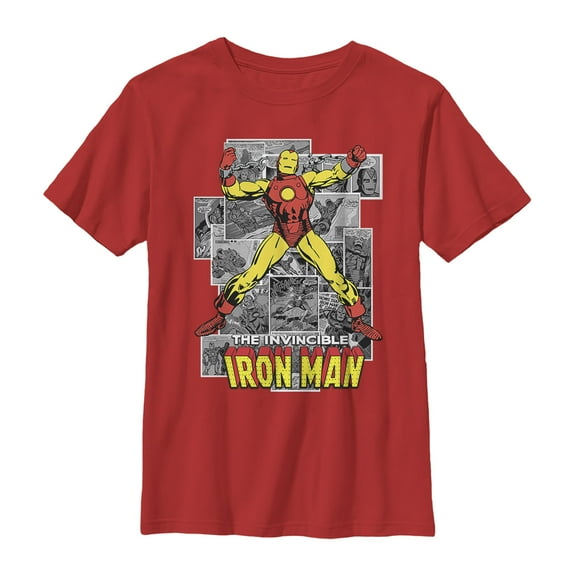 Boy's Marvel Iron Man Gray Grayscale Panels Graphic Tee Red Small
