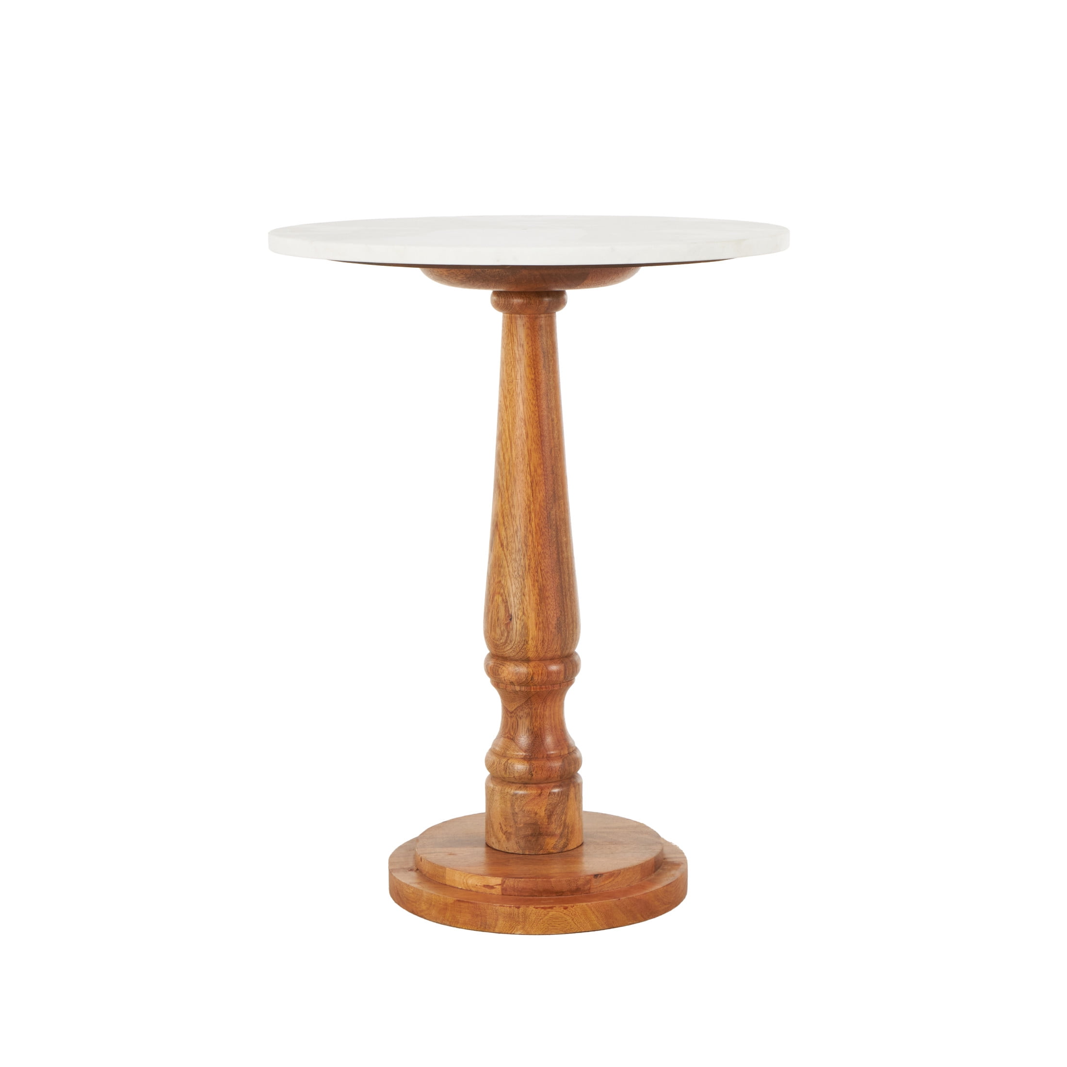 DecMode 18" x 23" Brown Mango Wood Turned Accent Table with White Marble Tabletop, 1-Piece