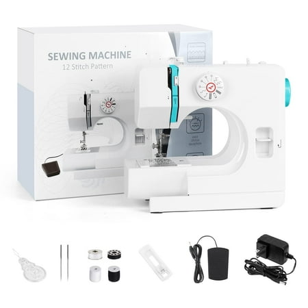 Mini Sewing Machine for Beginners, Electric Portable Small Sewing Machine with 12 Built-In Stitches Reverse Sewing Adjustable Speed LED Light Foot Pedal Heavy Duty Household Mending Stitching Machine