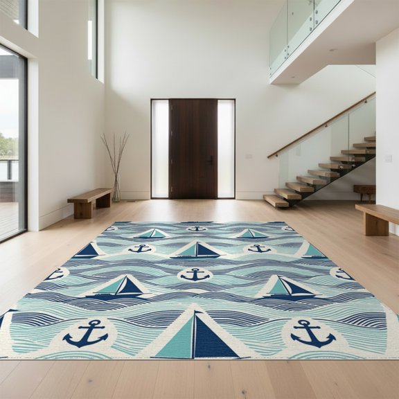 Design&I 5'x7' Washable Area Rug Motif Wave Border Round Compass Maritime Knot Nautical Sailboat Refined for Small Living Room, Bedroom, Sleek Flatweave Pet Friendly & Non-Slip