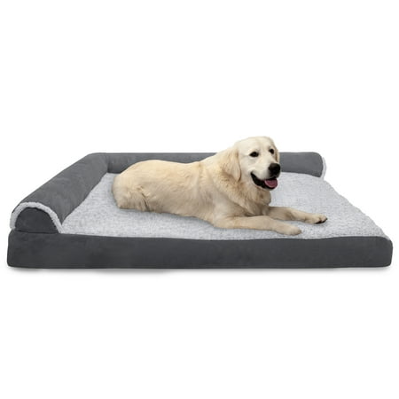UPC: 0842229115710 | FurHaven Pet Products Two-Tone Faux Fur & Suede Deluxe L-Chaise Memory Top Sofa-Style Pet Bed for Dogs & Cats – Stone Gray Jumbo Plus