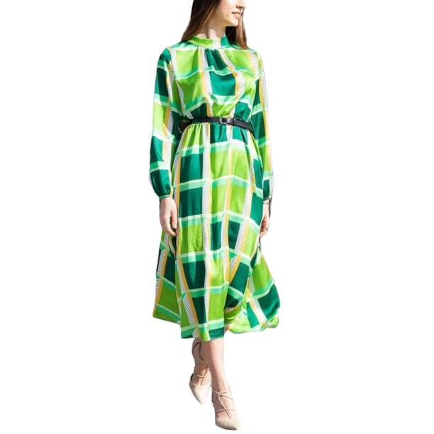 VISgogo Vestido casual para mujer, colorido, estampado geométrico, manga larga, medio cuello alto, vestido largo suelto VISgogo moda