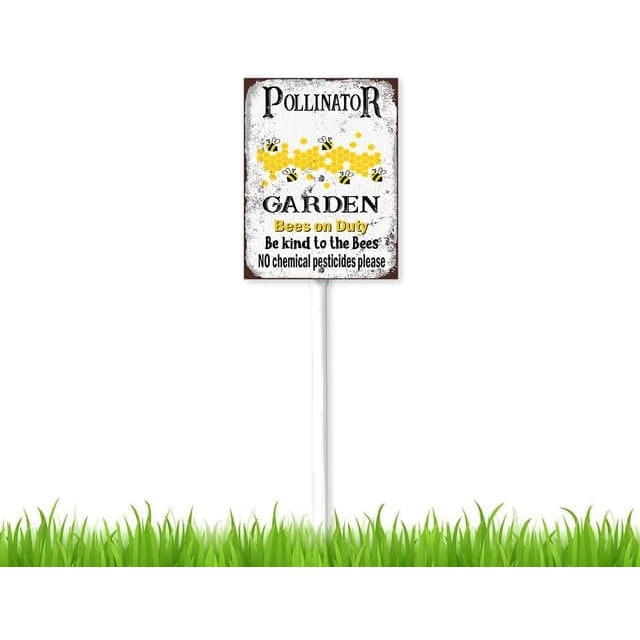 Letrero metálico de 8 x 12 pulgadas con estacas para jardín, para polinizadores, sin pesticidas, abejas de guardia, hábitat de polinizadores, accesorios inoxidables para jardín de flores.