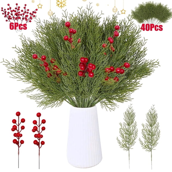 46 PCS Artificial Pine Branches Christmas Faux Pine Greenery Stems Red Holly Berries Fake Cedar Pine Needles Picks for Christmas Tree Wreath Garland DIY Crafts Holiday Home Decoration