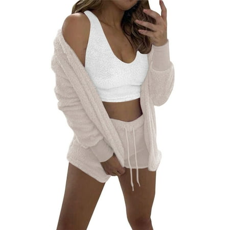 

QYZEU Full Coverage Swimsuit Plus Size Swimsuit Cute Women S Wear Winter Plush Home Wear Casual 3 Piece Pajamas Long Sleeved Shorts Sports Suit