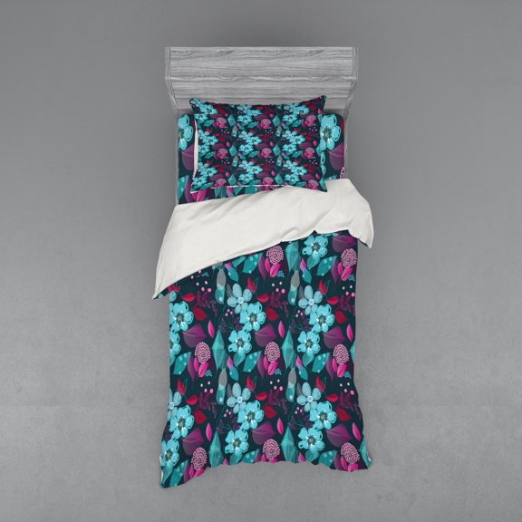 Flower Duvet Cover Set, Flow of Pale Blue Blossoms and Colorful Leaves Romantic Fantasy Garden Art Pattern, Bedding Set with Shams and Fitted Sheet, 3 Sizes, by Ambesonne