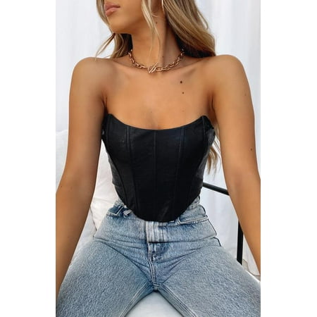 

Puloru Women s Solid Color Tube Tops Off Shoulder Ribbed PU Leather Corset