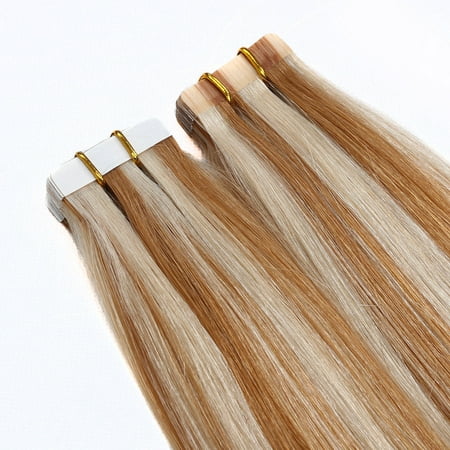 BHF Hair Tape in Hair Remy Straight Adhesive Hair Extensions Assorted Color Invisible Pu Skin Weft 40G/pack 20Pcs/pack P27/613# Honey Blonde and Bleach Blonde 16