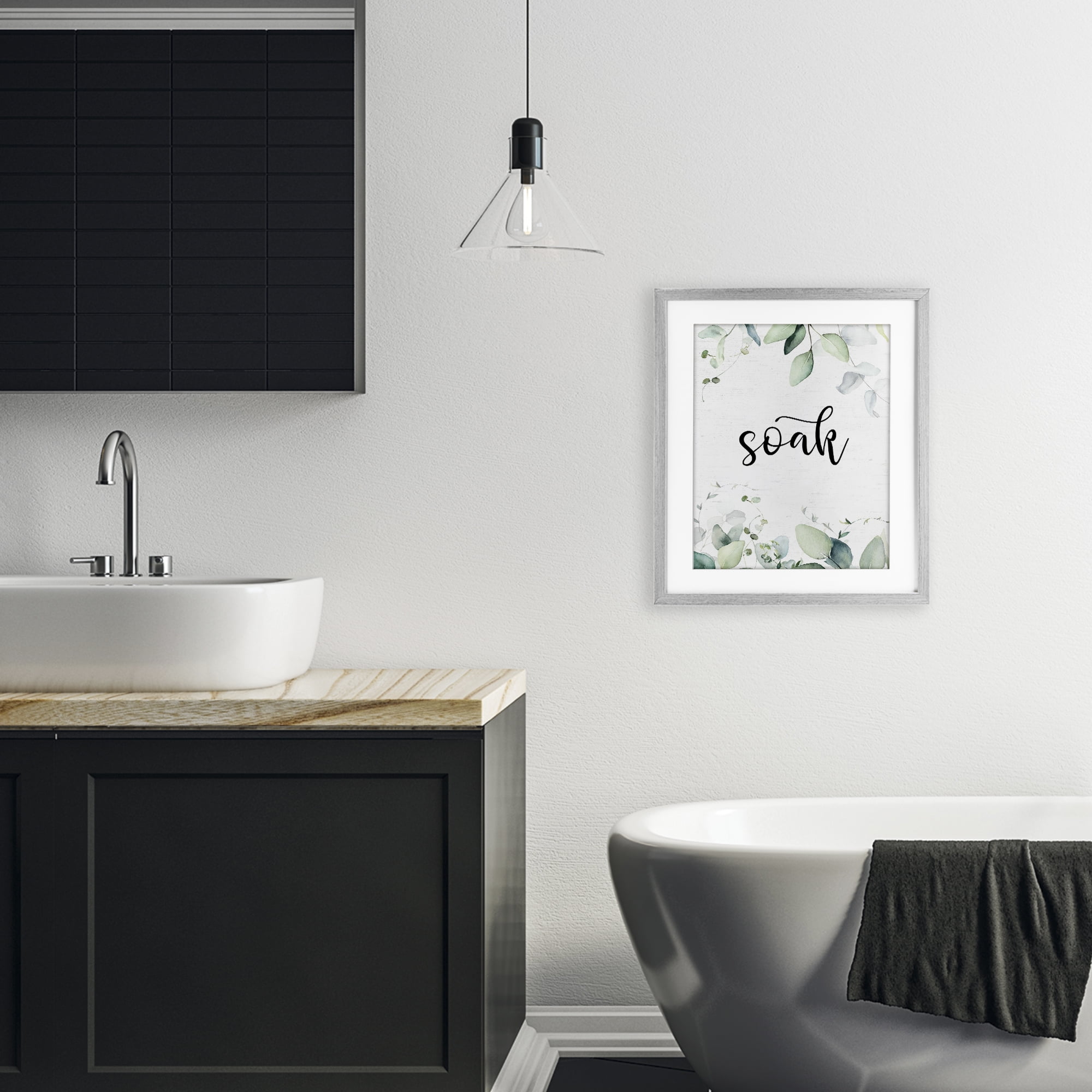 Soak Leafy Herbs Gray Framed Print Under Glass, design by Lettered and Lined