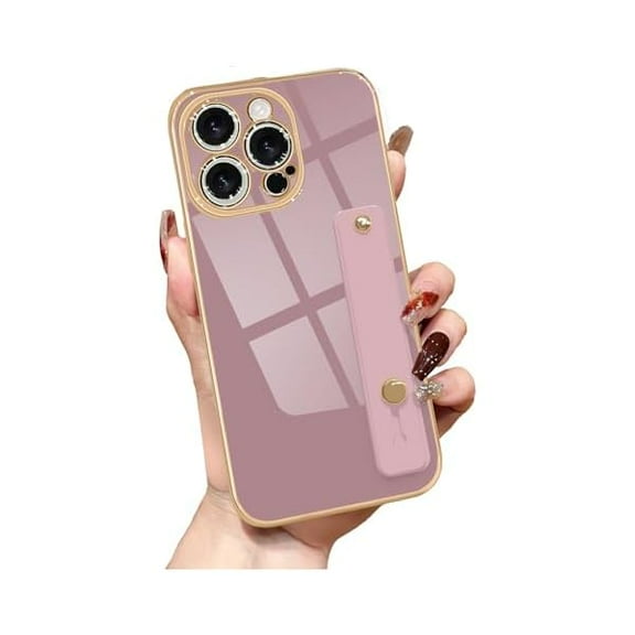 for iPhone 15 Pro Max Case Cute, Luxury Gold Plated for Women Girls Elegant Cover with Wrist Strap Kickstand Camera Protection Shockproof Silicone Phone Case for iPhone 15 Pro Max, Purple
