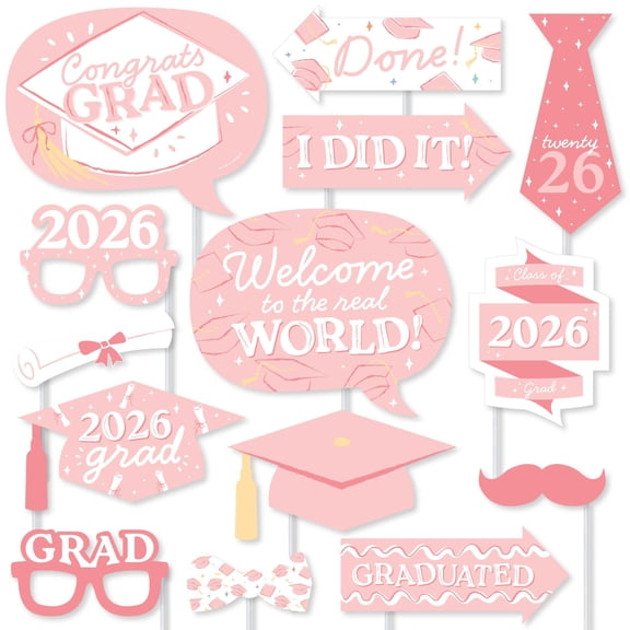 Big Dot of Happiness Pink Graduation Props for Photoshoot 2026, Set of High School Senior Photo Booth Props for Pictures and Graduation Party Decorations - 20 Count