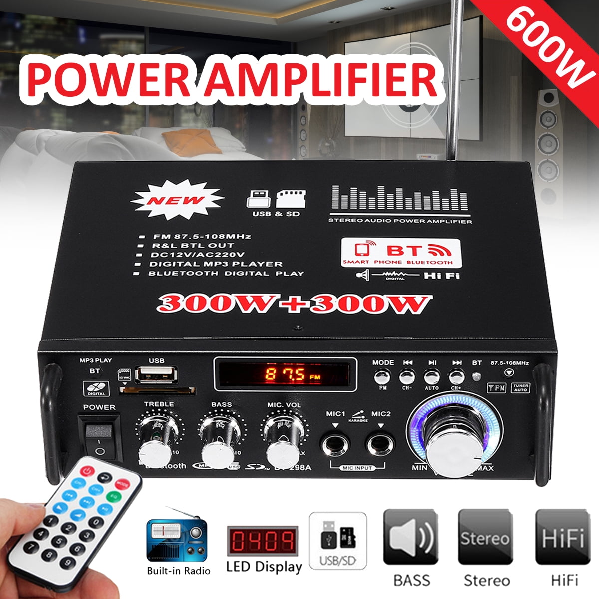 Home Audio Equipment 12v 2v 2ch Hifi Audio Stereo Power Amplifier Bass Bluetooth Fm Radio Car Home Home Audio Receivers Amplifiers