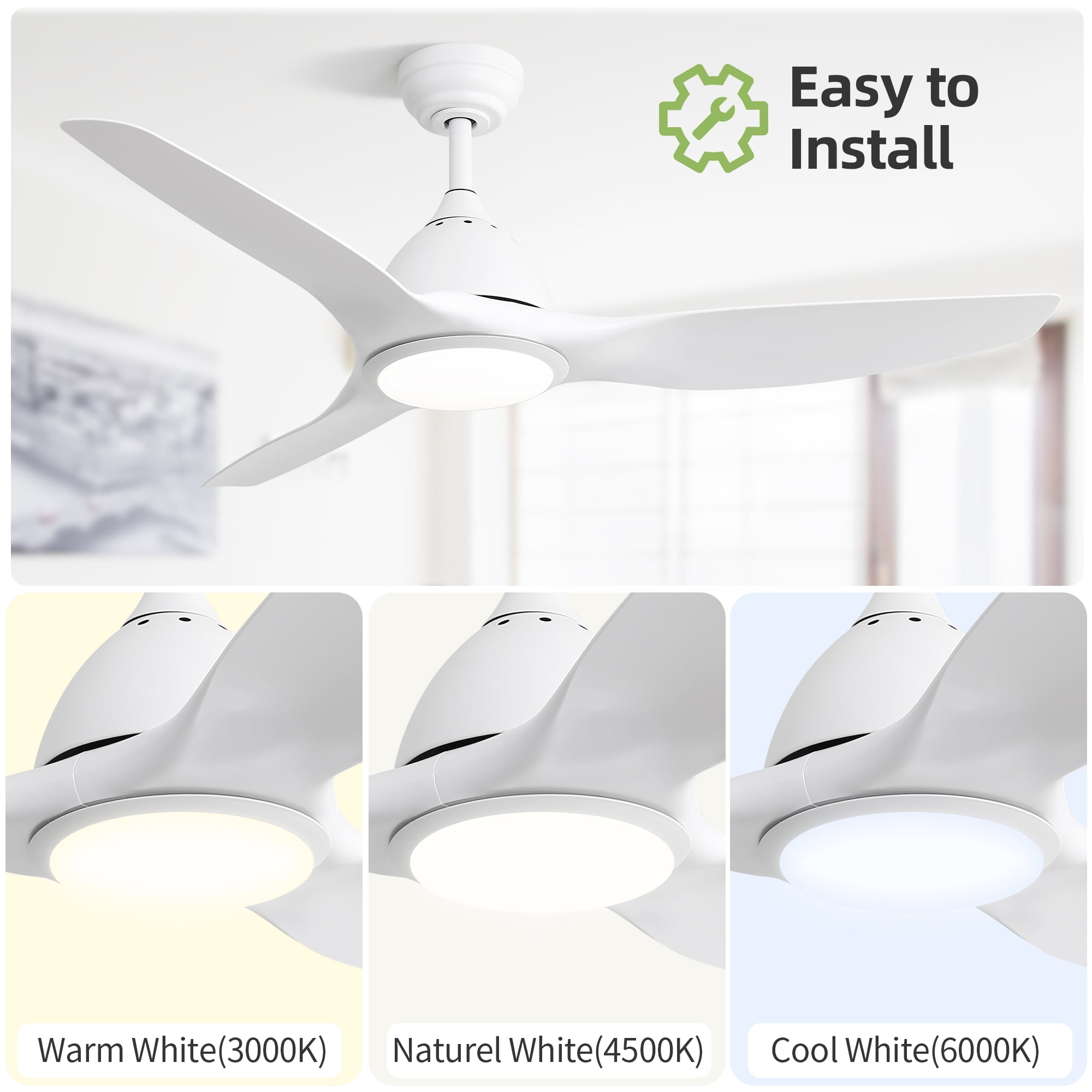 Sofucor 52 Inch Outdoor Ceiling Fans with Lights, Modern 3 Blade Ceiling Fan with Dimmable Memory LED, High 7000CFM 6-Speed 3-Timer Reversible DC Motor, for Indoor Outdoor Bedroom Living Room, White