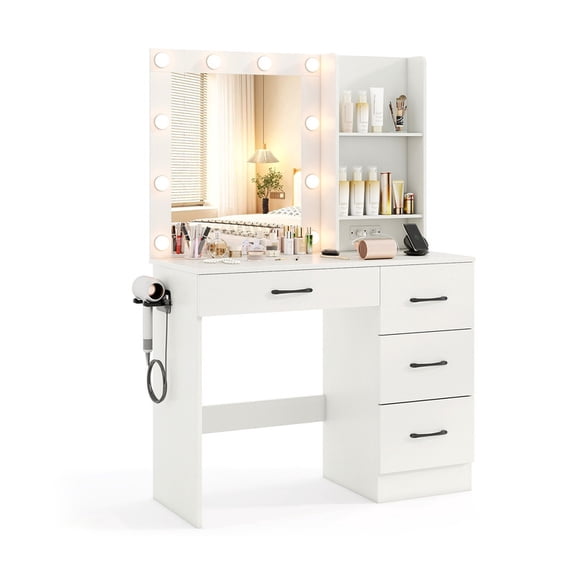 Makeup Vanity with 3 Color Lighted Mirror & Charging Station, Modern Vanity Desk with 4 Large Drawers & 2 Storage Shelves for Femal Gift, White